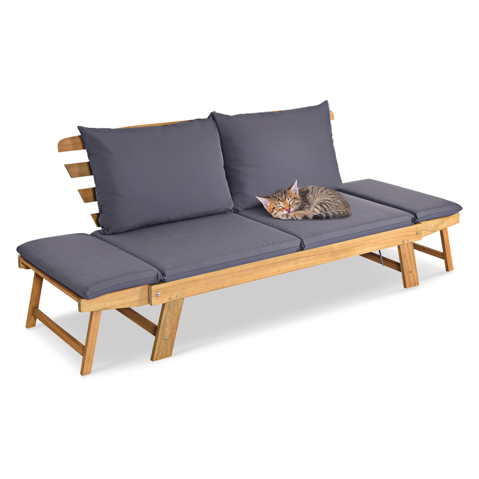 GIANTEX Canapé Lit de Jardin Convertible pour 2 Personnes, Lit de Jardin Extensible 3 en 1 avec Coussins et Oreillers, Cadre en Bois d'Acacia, pour Balcon, Porche, Gris