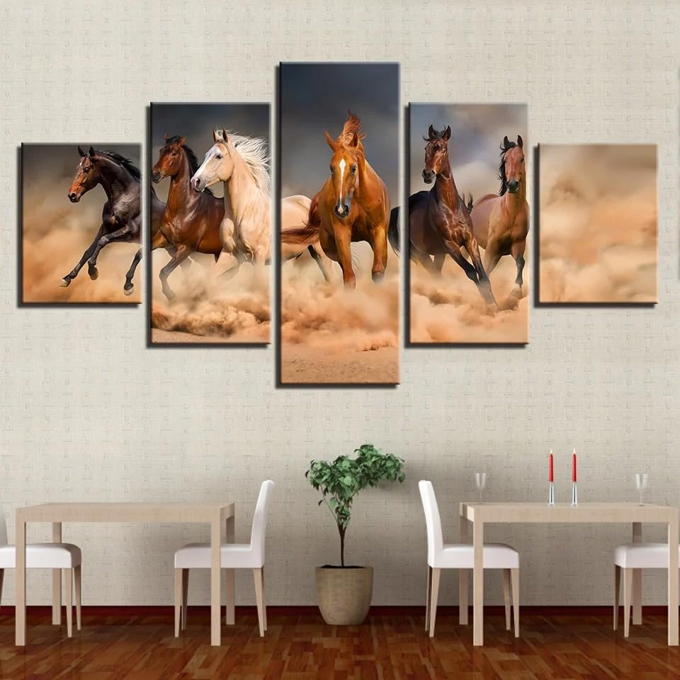 Tableau decoration murale de 5 parties avec six chevaux au galop