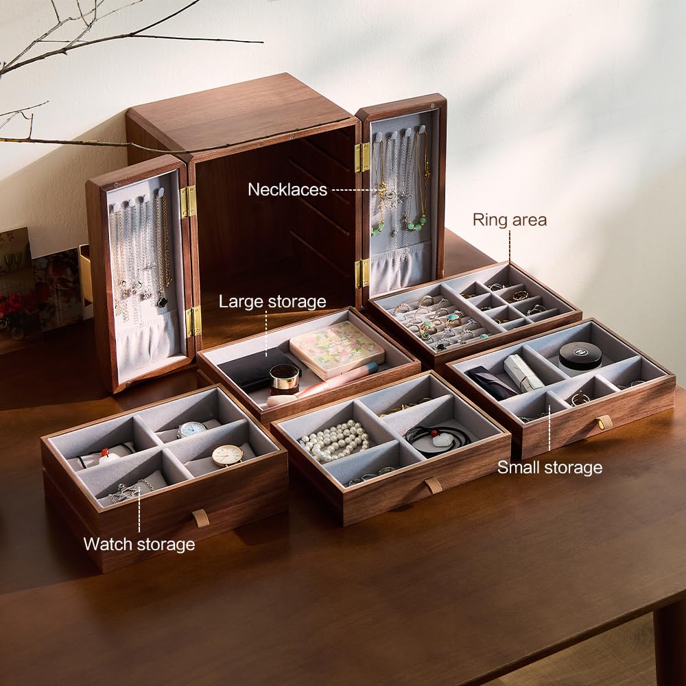 Elegante joyero de madera de nogal negro, organizador de joyas de 5