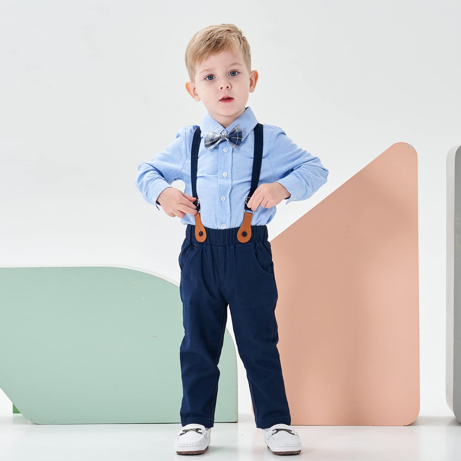 Volunboy Conjunto de ropa para niños pequeños, traje de boda de manga larga, corbatín, vestido formal, camisas, tirantes, pantalones