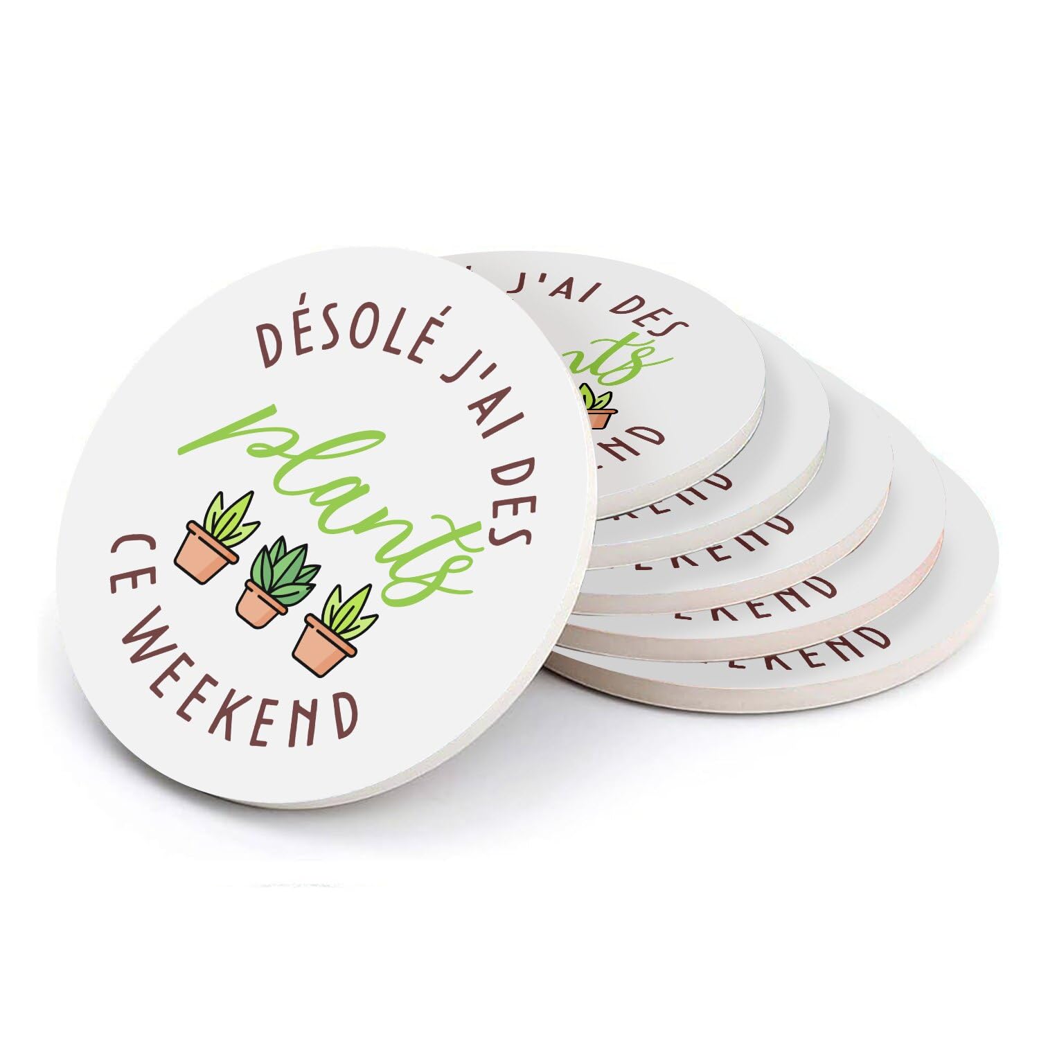 Sous-verre ronds en céramique avec motif plantes et jardinage pour table basse - Lot de 6