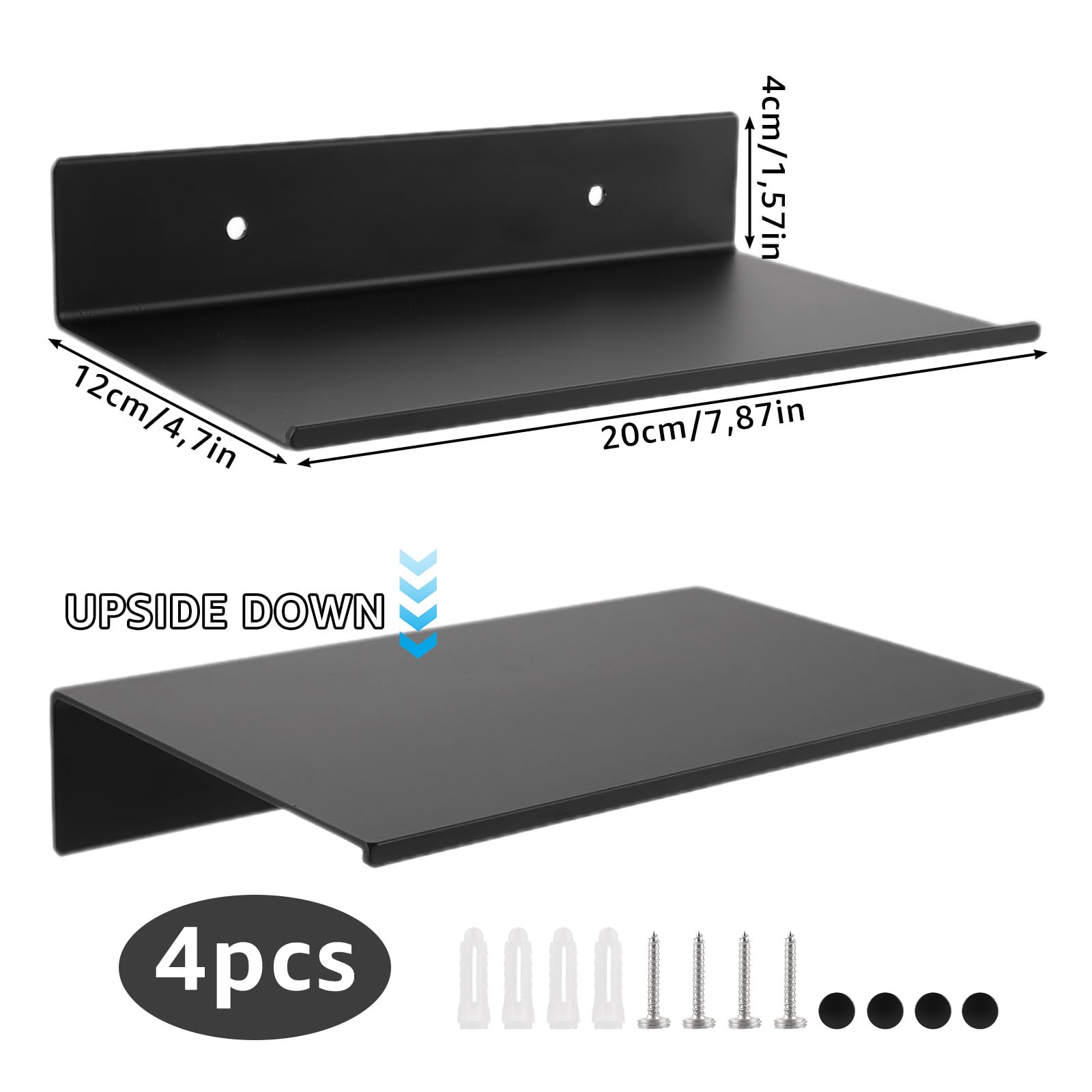 Esmula 4 stuks badkamerplanken muur, 20 cm wandplank zwart metaal, metalen plank hangend, zwevende planken met gat en schroeven voor Funko popfiguren, collecties, planten, decoratie