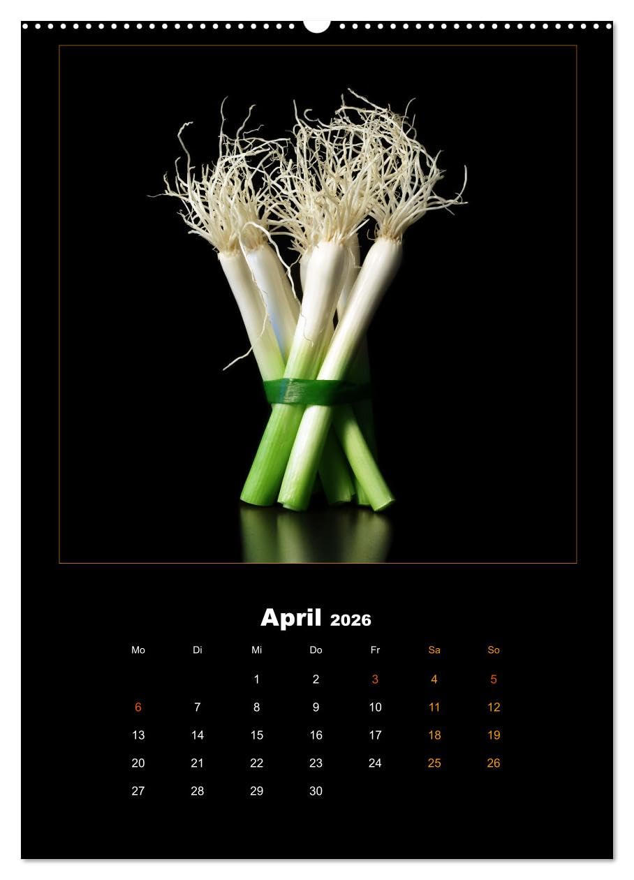 Vegan Food Kalender – Obst und Gemüse auf Schwarz (Wandkalender 2026 DIN A2 hoch), CALVENDO Monatskalender: Dekorativer Kalender für die Küche auf Schwarz. (CALVENDO Lifestyle)