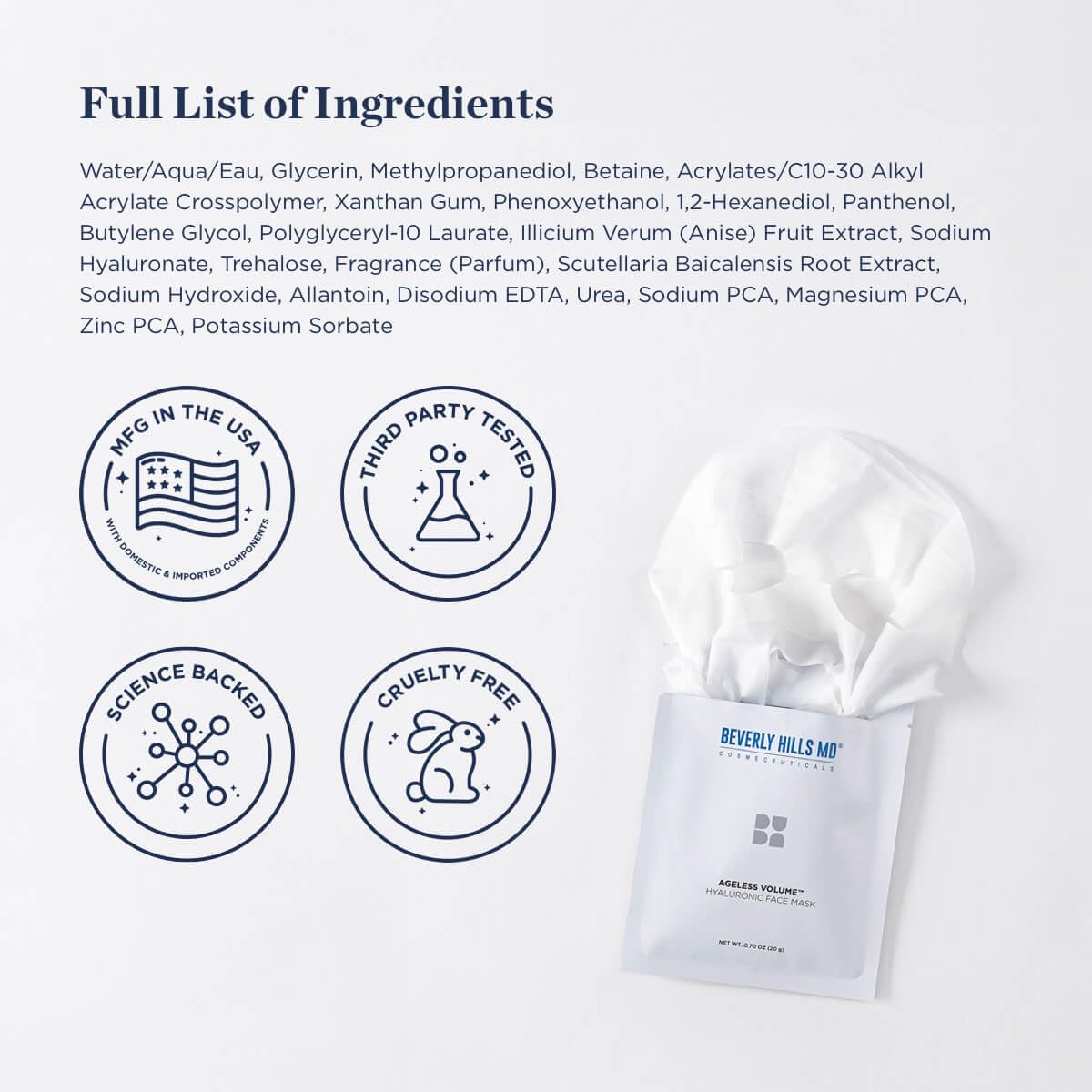 Beverly Hills MD Ageless Volume Hyaluronic Face Mask- Reduce Appearance of Wrinkles, Anti Aging Formula for Plump, Moisturized Skin- 8 Pack- Hydrating & Firming Gentle Sheet Mask