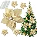 8.6 Inch Glitter Artifical Wedding Christmas Flowers Glitter Poinsettia Christmas Tree Ornaments Christmas Tree Decorations Pack of 12 (Gold)