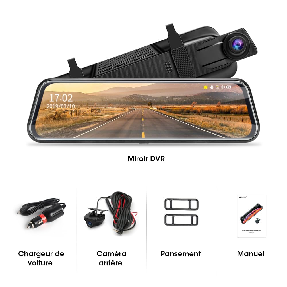 Jansite 10" Dashcam Voiture Rétroviseur Écran Tactile, Arrière et Avant Full HD 1080P Streaming Media DVR 170 ° Grand Angle de Vision Nocturne avec 10 Mètres de Câble