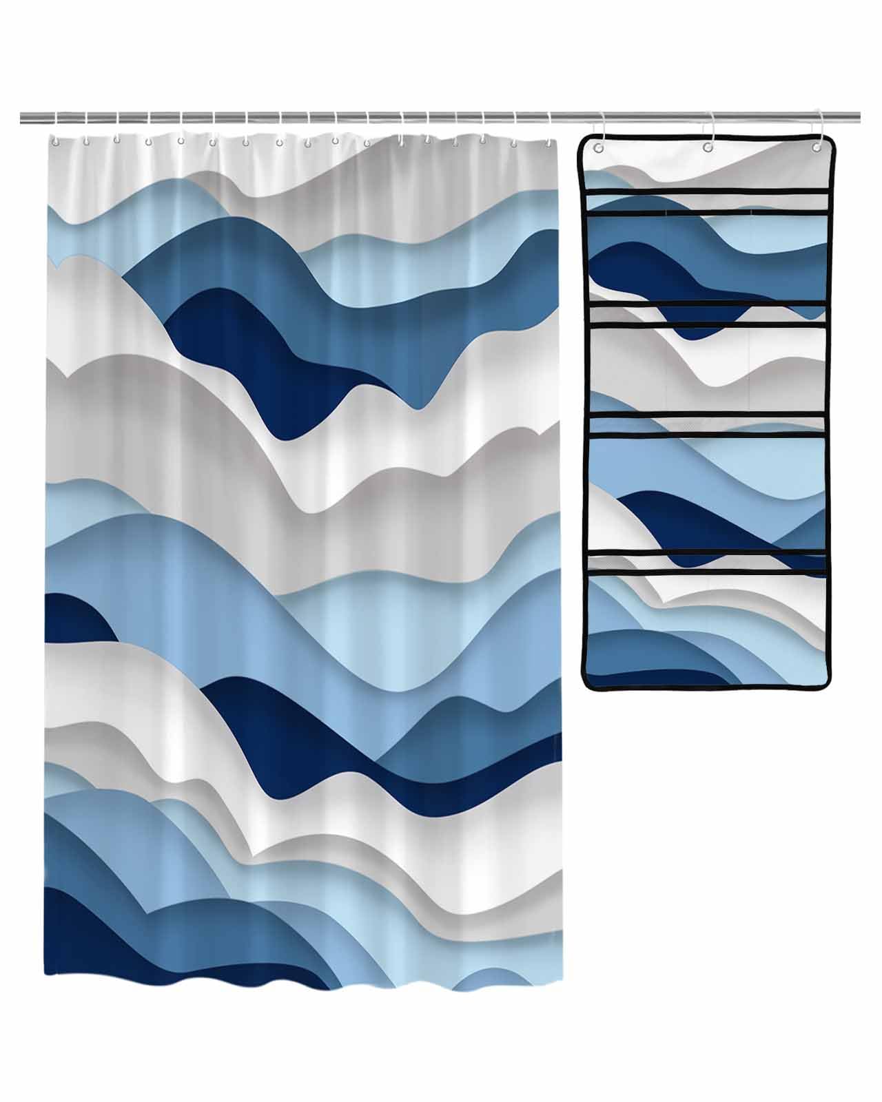Floral Shower Curtain Mesh Shower Organizer Hanging Set Gradient Ocean Waves Blue Gradient Waves Waterproof Shower Curtains with
