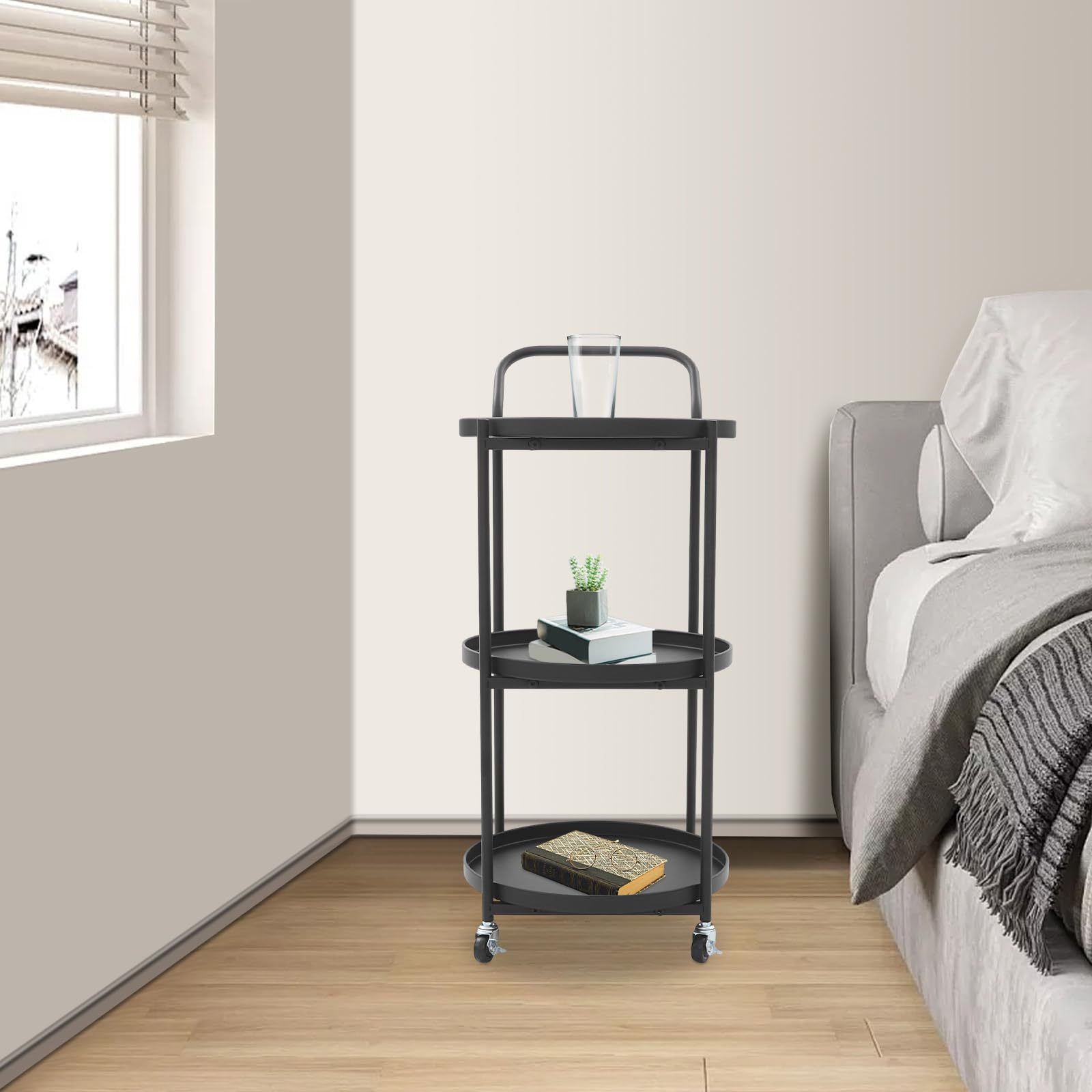 3-poziomowy wózek na kółkach – metalowy wózek kuchenny na kółkach do napojów i przechowywania, elegancki, okrągły design do kuchni, salonu i domowego baru