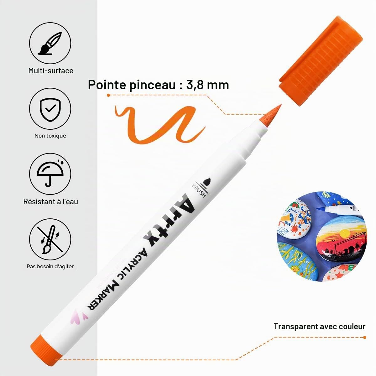 Arrtx 30 couleurs de crayons acryliques imperméables pour peindre à l'eau, pointe du pinceau, séchage rapide, stylos acryliques pour Roche, Bois, métal, Plastique, Verre, Toile