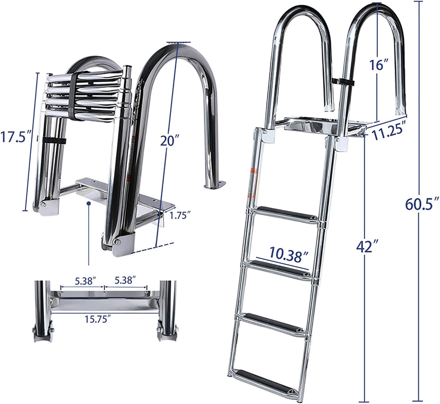 Boat Pool Ladder Telescopic 4-Step Ladder Bathing Ladder for Swimming Pool, Foldable Boat Dock Ladder Made of Stainless Steel with Wide Steps and Handrails