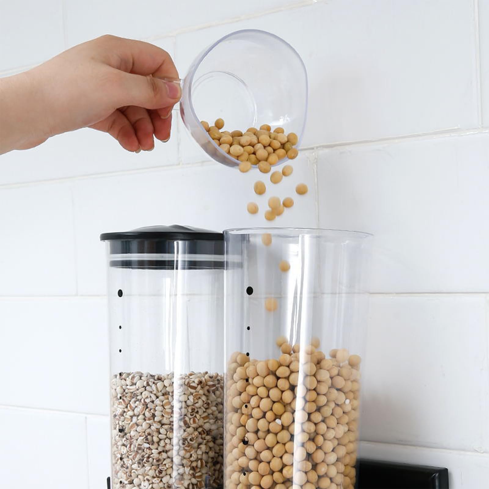 Syfunlv Double cereal dispenser, wall-mounted cereal dispenser, 29.2×31cm Mit Verschlussbecher,2L Kunststoff,rotary system, BPA-free, practical storage für nuts,Cornflakes und Süßigkeiten