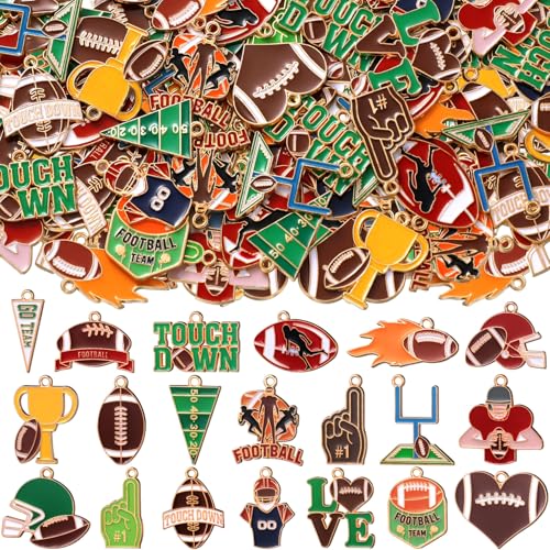 Trnayi 100 Pcs Sport Charms Bulk for Jewelry Making Soccer Baseball Football Dinkball Basketball Volleyball Alloy Charms Pendants for Necklace Bracelet Earrings DIY Crafts Accessory(Football)