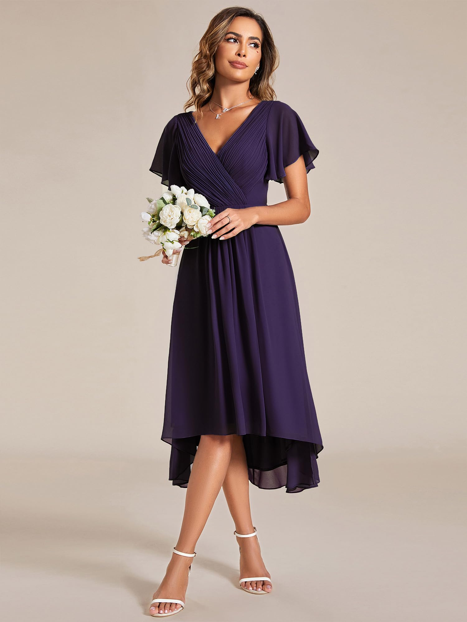 Ever-Pretty Vestido corto de gasa plisado con cuello en V para mujer, vestido de invitada de boda con mangas con volantes 01923