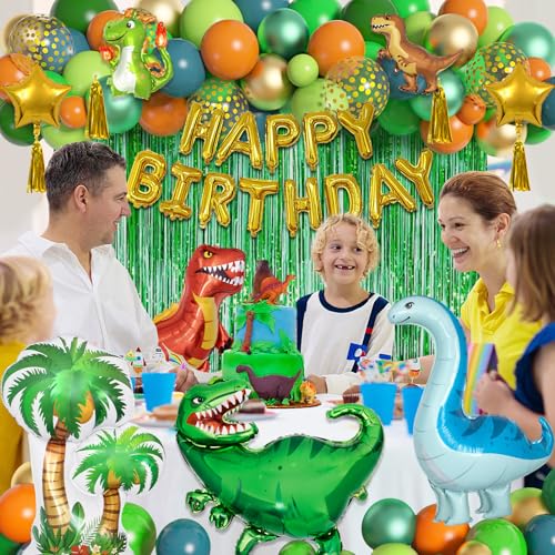 Image of Ouddy Life Dinosaur Balloons Birthday Party Decorations Fringe Curtain | 123Pcs Green Orange Blue Happy Birthday Dino Foil Balloons Garland Arch Kit for Boys Jungle Safari Baby Shower Party Supplies