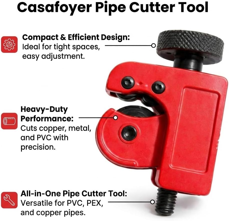 CASAFOYER Pipe Cutter Tool for Copper, Aluminum, Brass & Plastic | Heavy-Duty Tubing Cutter for Clean, Precise Cuts | Professional Tube Cutter for Plumbing, HVAC & Home Improvement