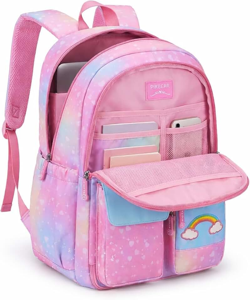 Mochila Escolar Infantil Menina Impermeável 41cm – Mochila Feminina Infantil Reforçada com Compartimentos, Abertura 180°, Multi Bolsos, Leve para Escola, Passeio e Viagem