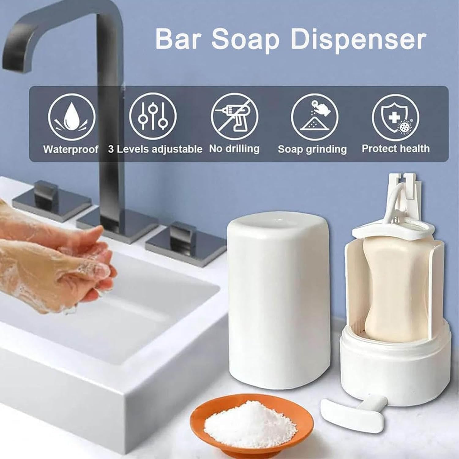 Soap Grinder Dispenser with Lid, Wall-Mounted No Drilling Adjustable Powder Soap Box, Waterproof Soap Container Adjustable Powder Dispensing Bar Soap Shaver for Bathroom/Kitchen