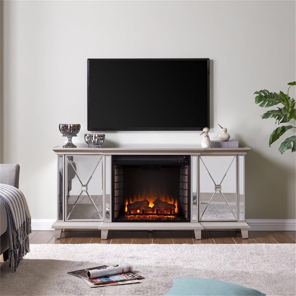 Toppington Mirrored Electric Fireplace Media Console in Mirror/Silver