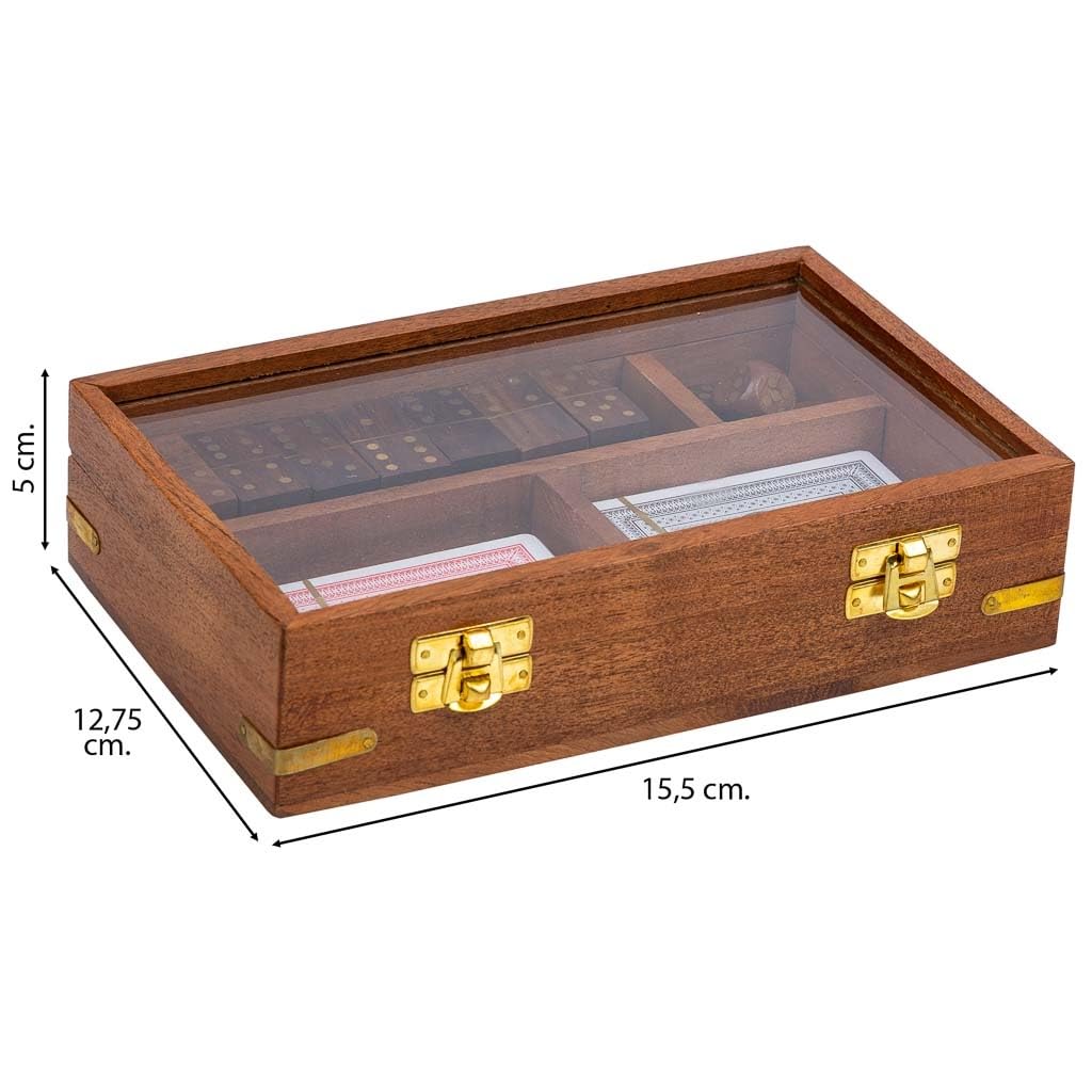 Juego 3/1 (dados+Dominó+cartas) en caja de madera marrón 15.5x12.75x5