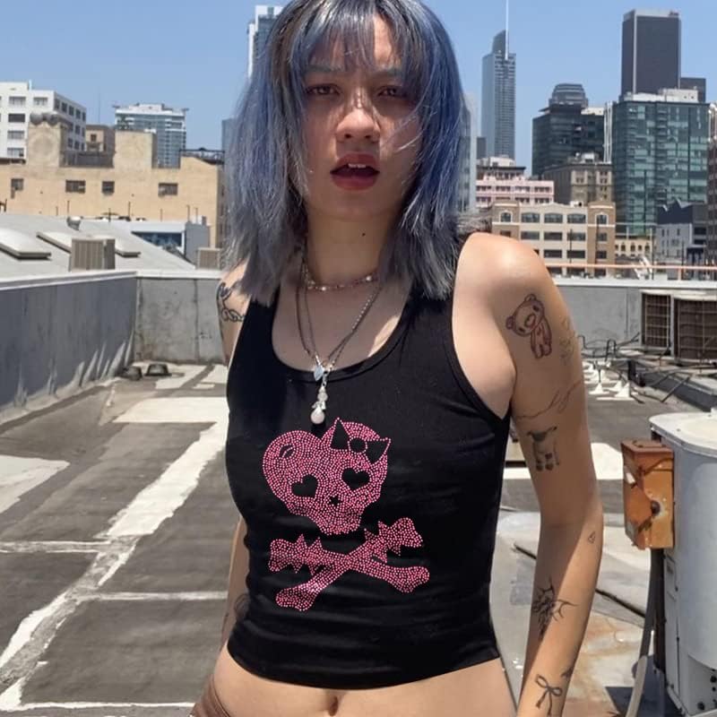 Miniatura 6 de Camisetas de verano Y2K con estampado de esqueleto de diamantes para mujer, estilo punk, cuello redondo, camisetas sin mangas, sexy, ropa de calle