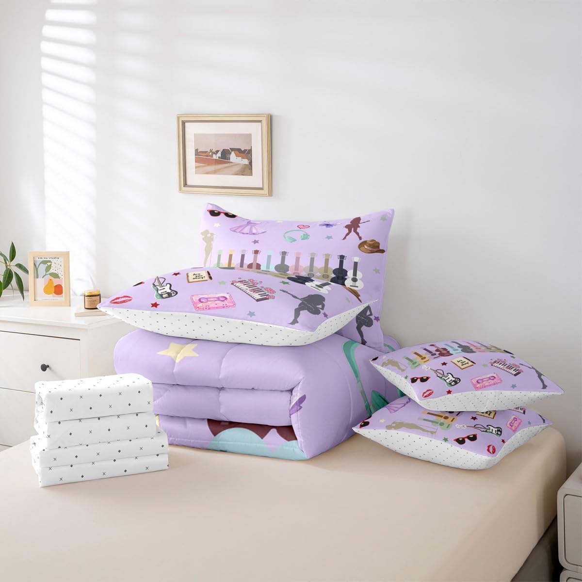 Erosebridal Music Fans Print Full Size Comforter Set Guitar Bedding Set Purple(Comforter+Fitted+Flat Sheet+2 Pillowcases+2 Throw Pillow Covers) 7 Pieces Modern Fashion Bed Set Gift for Singer Fans