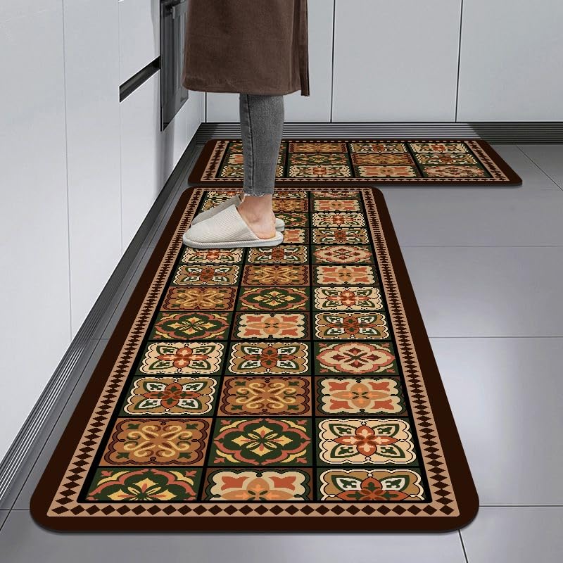 Image of HomeCloud Rubber Kitchen Mats for Floor Set of 2 Pcs|Non-Skid, Soft Absorbent Rugs for Kitchen, Laundry, and Hallway|120x40cm, 40x60cm| 4mm Thickness (Brown Olive Multi)