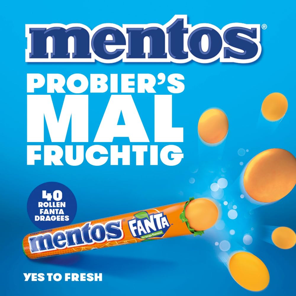 Mentos Fanta Dragees, Frucht-Bonbons mit Original Fanta-Flavour, Kaubonbons mit fruchtigem Orangen-Limonaden Geschmack, Süßigkeiten Multipack (40 Rollen), vegan
