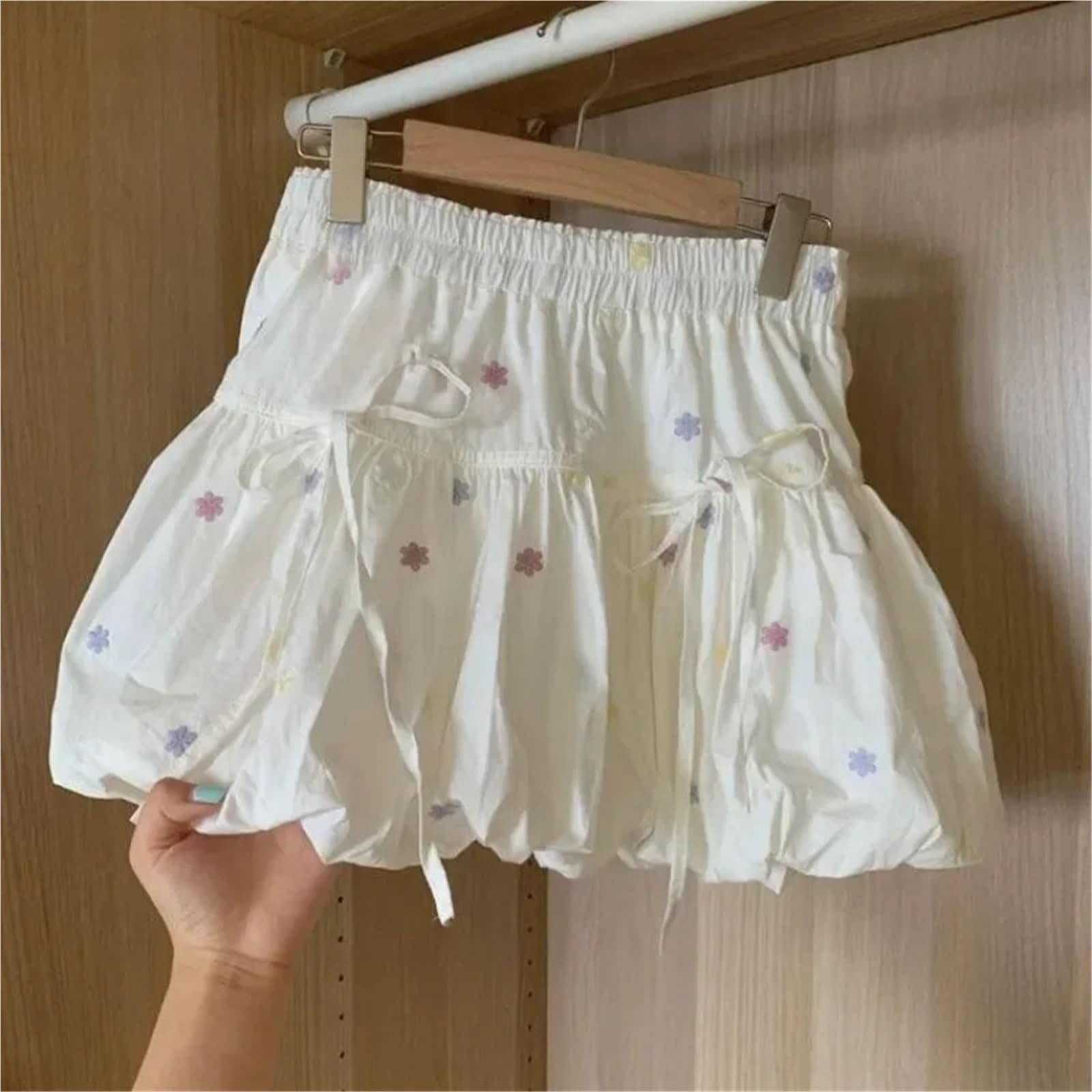 Falda De Burbujas Falda de lazo con estampado dulce for mujer, falda corta verano cintura alta flores y bonitos capullos, ideal for uso diario ropa calle