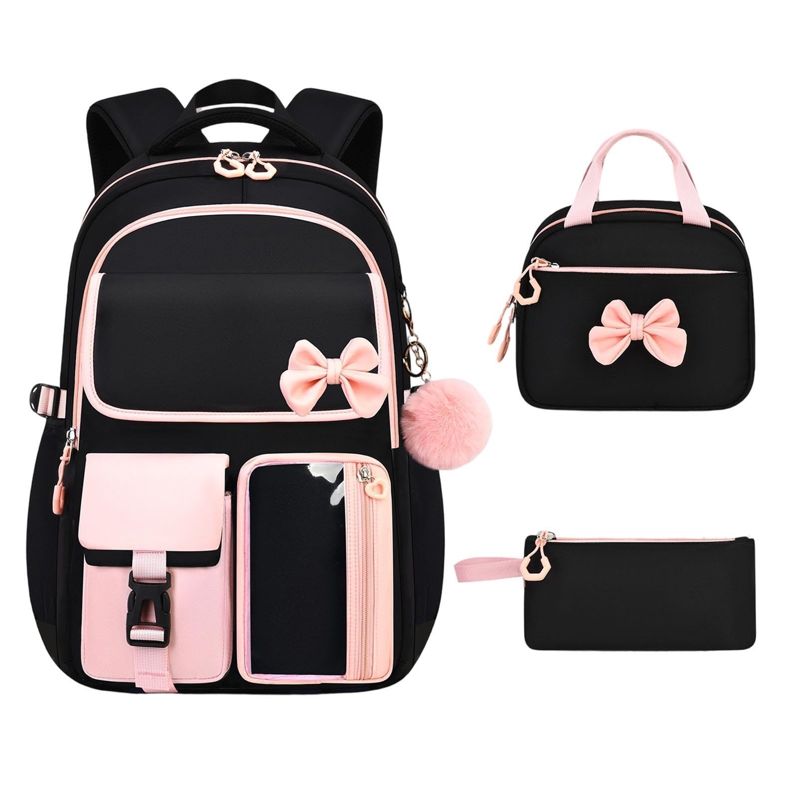 Generico Zaino Bambina Con Portapranzo 3 Pezzi con Fiocchi e Astuccio | Zaino Scolastico Casual Per Bambina Per Studentesse Pendolari Viaggio Portafoglio Abbigliamento E Libri Di