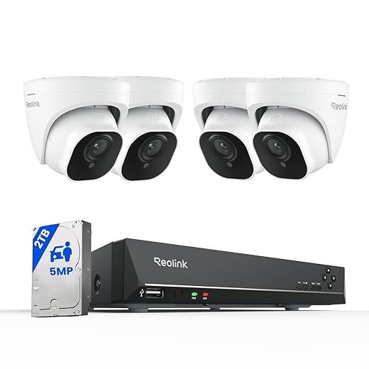 REOLINK Smart 5MP 8CH Home Security Camera System, 4pcs Wired PoE IP Cameras Outdoor with Person/Pet/Vehicle Detection, 4K 8CH NVR with 2TB HDD for 24-7 Recording, RLK8-520D4-5MP