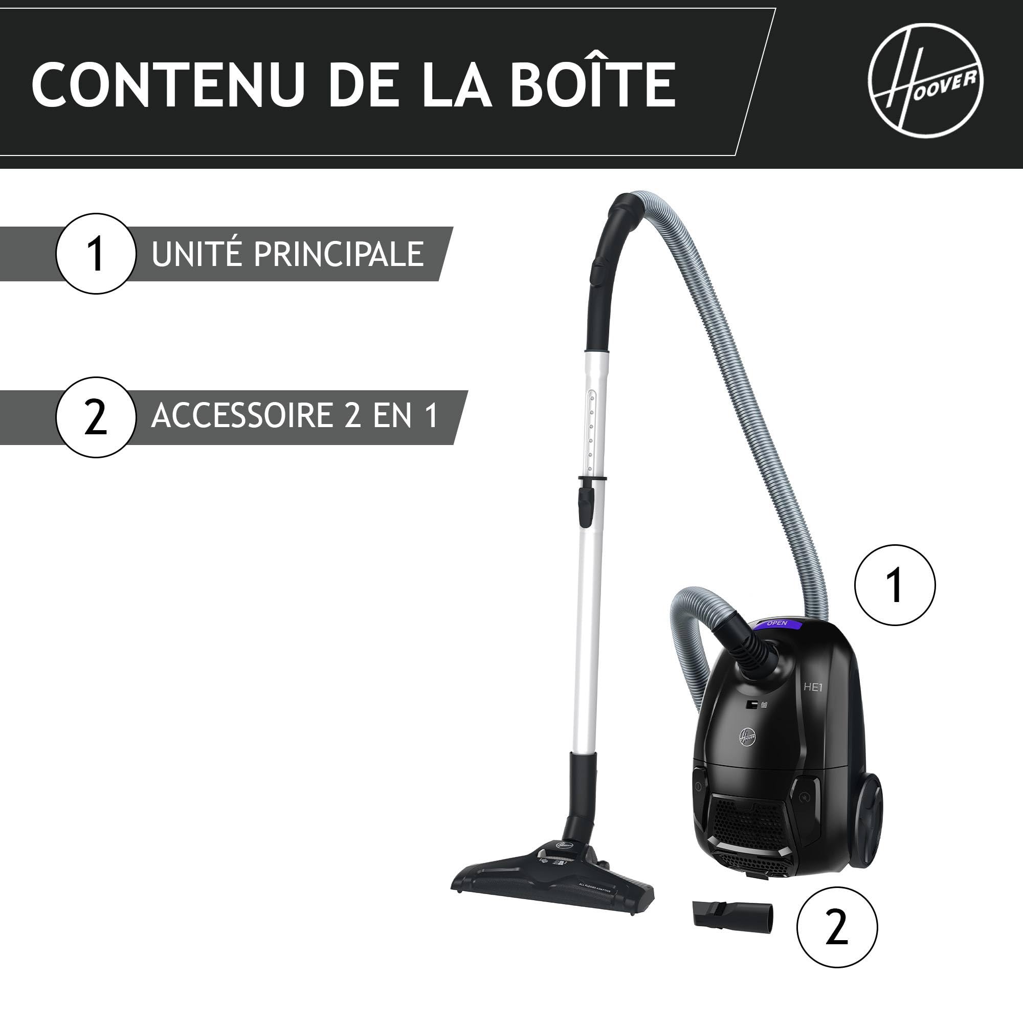 Hoover HE1 Home Aspirateur traineau avec Sac Compact Puissant 700W, Léger, Haute Performance, Brosse Tous Sols, Filtre EPA Lavable, Capacité 2,5L, Accessoires 2en1, Vidage Facile, HEZ107HM