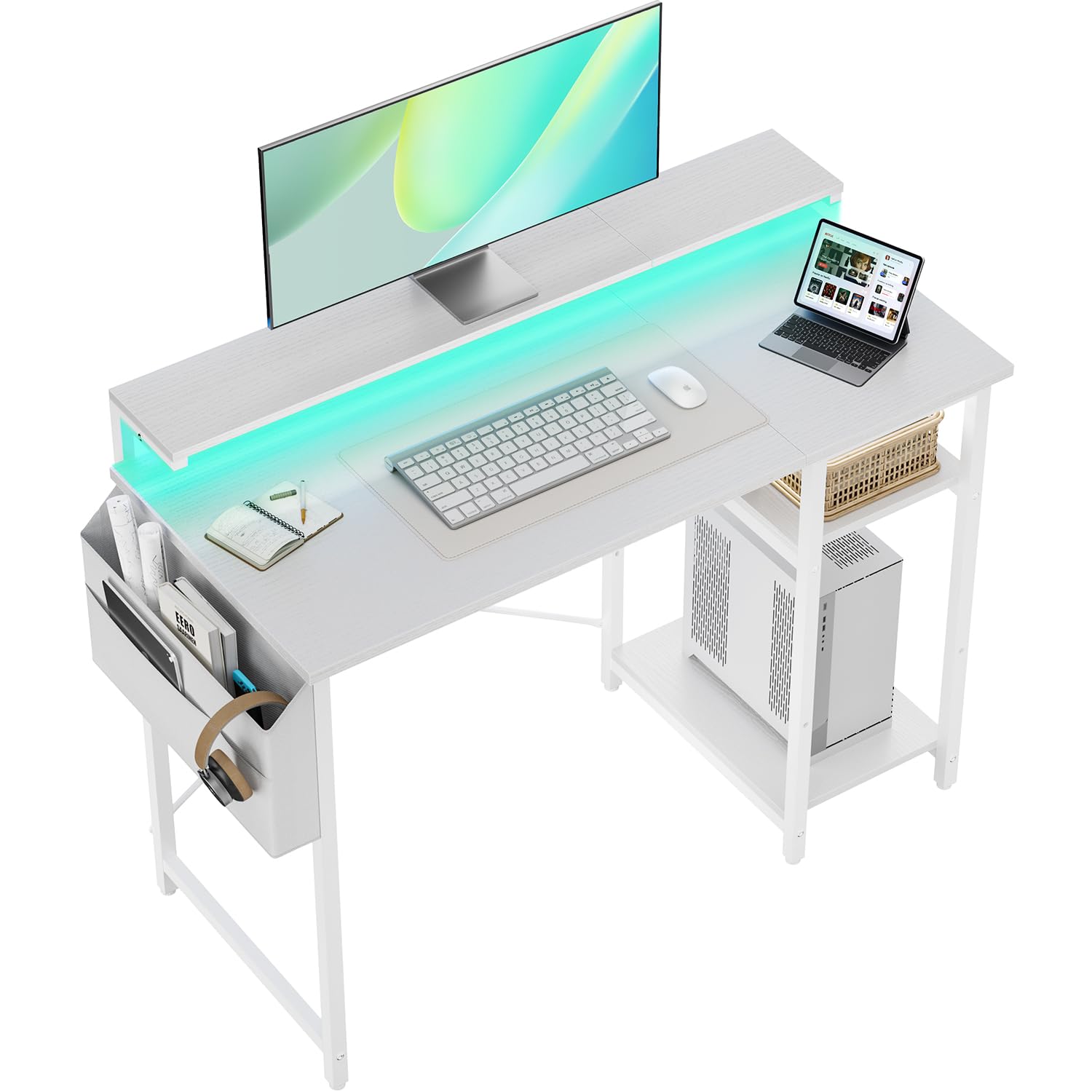 Bureau avec Rangement 100x48cm, Support Moniteur + Étagères Réglables, pour Home Office Blanc