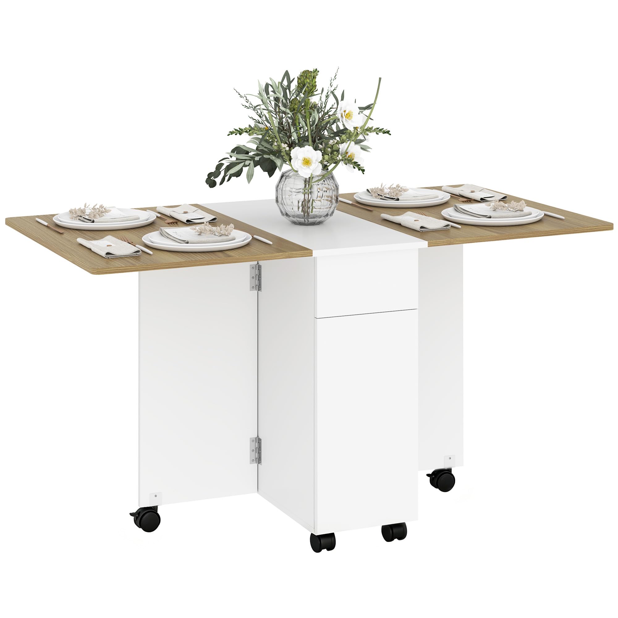 HOMCOM Mesa comedor plegable con ruedas 140x76x74cm,Blanco&madera natural | Mesa de cocina, para 6 personas, 2 hojas abatibles, 2 cajones, 2 armarios, para espacios pequeños.