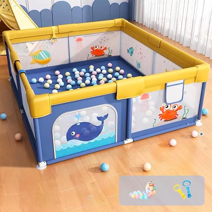 Image of Playpen 150x180cm for Baby 0-5 Years with Safety Lock, Playard with 5-10 Ocean Balls and 2 Grasp Rings (No Mat, Non-Foldable) - Blue