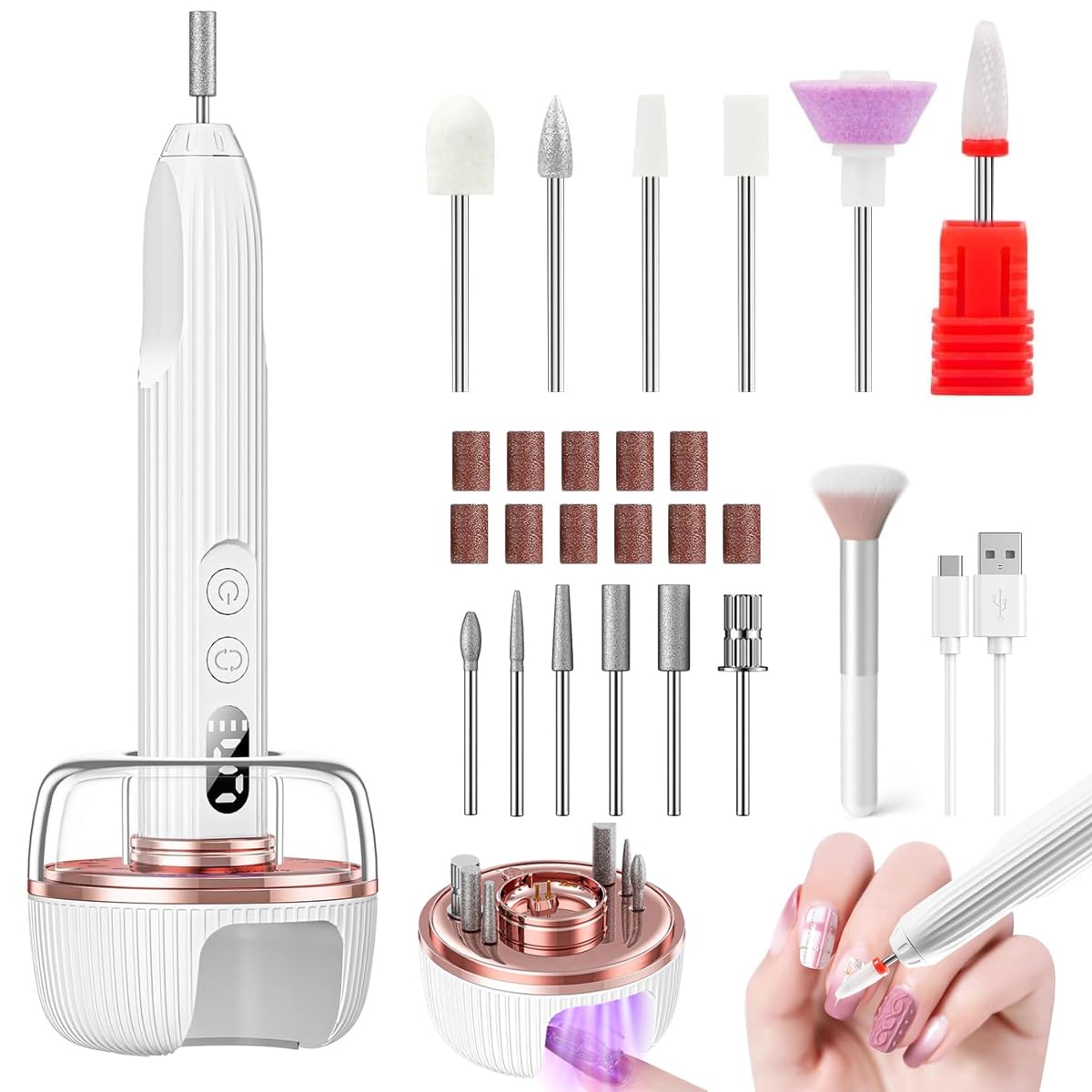 MAYCREATE® USB Cordless Nail Drill Machine 2-in-1 Storage Dock with UV Curing Light 5-Speed Electric Nail File for Manicure & Pedicure with 12Pcs Assorted Drill Bits & Brush-image-46
