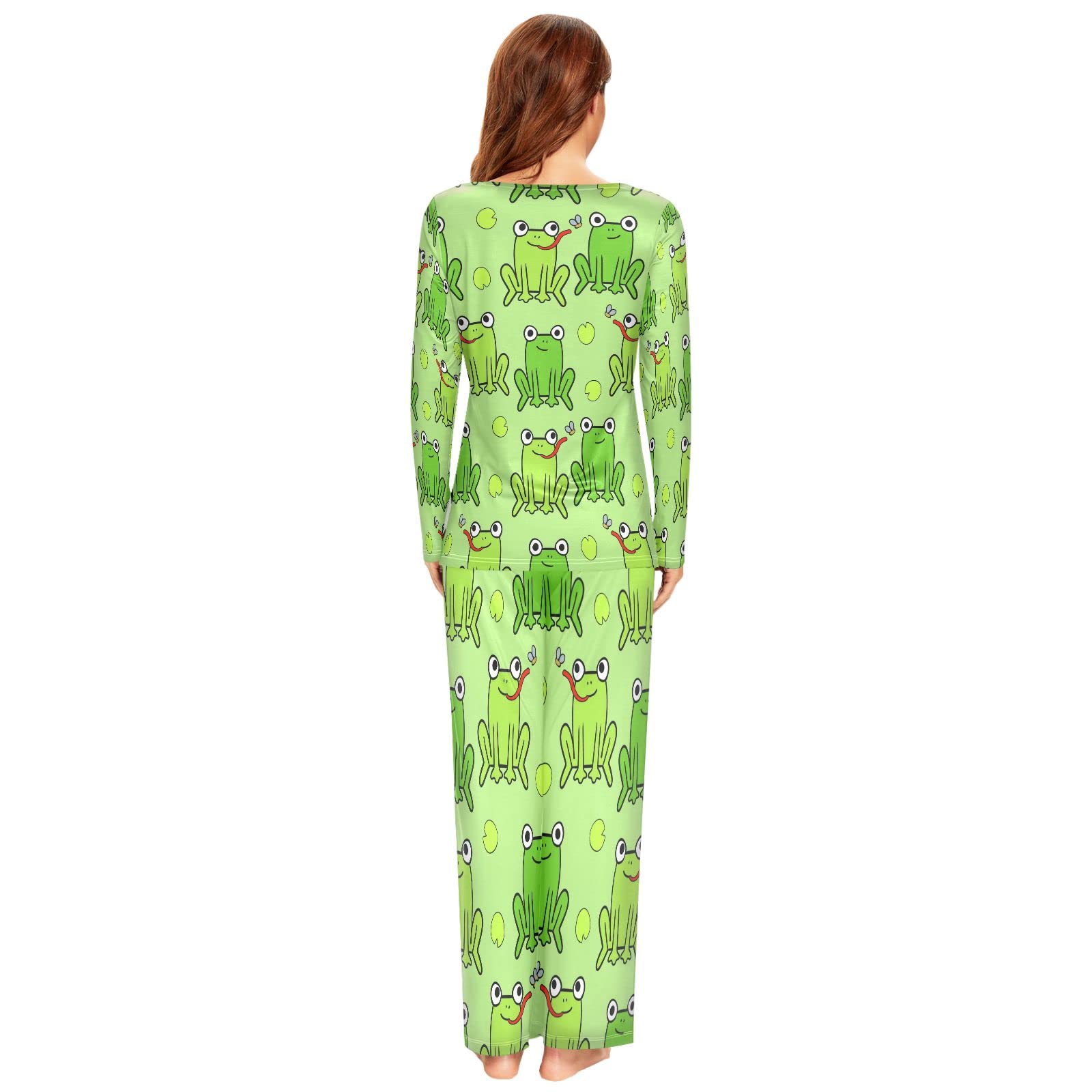 Schlafanzug Damen Lang Grüner Frosch-Muster Pyjama Damen Langarm Pyjamaset Nachtwäsche Zweiteiliger Hausanzug Sleepwear