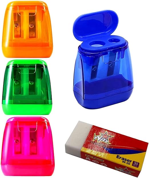 4 Pack of Pencil Sharpeners with 1 Free Eraser, Compact
