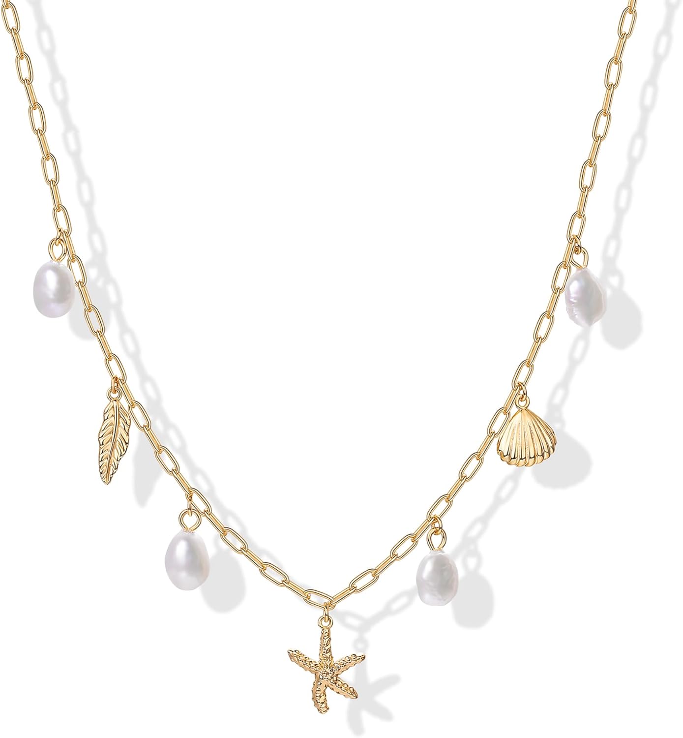 PAVOI 14K Gold Plated Beach Charm Necklace for Women - Dainty Paperclip Chain Trendy Beachy Multi Charm Necklace - Gold Ocean Summer Jewelry with Freshwater Pearl, Sea Shell, Starfish