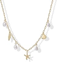 PAVOI 14K Gold Plated Beach Charm Necklace for Women - Dainty Paperclip Chain with Pearl, Seashell, Starfish & Feather