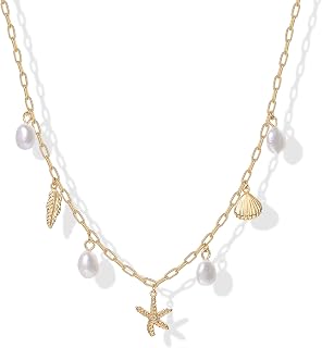 PAVOI 14K Gold Plated Beach Charm Necklace for Women - Dainty Paperclip Chain with Pearl, Seashell, Starfish & Feather