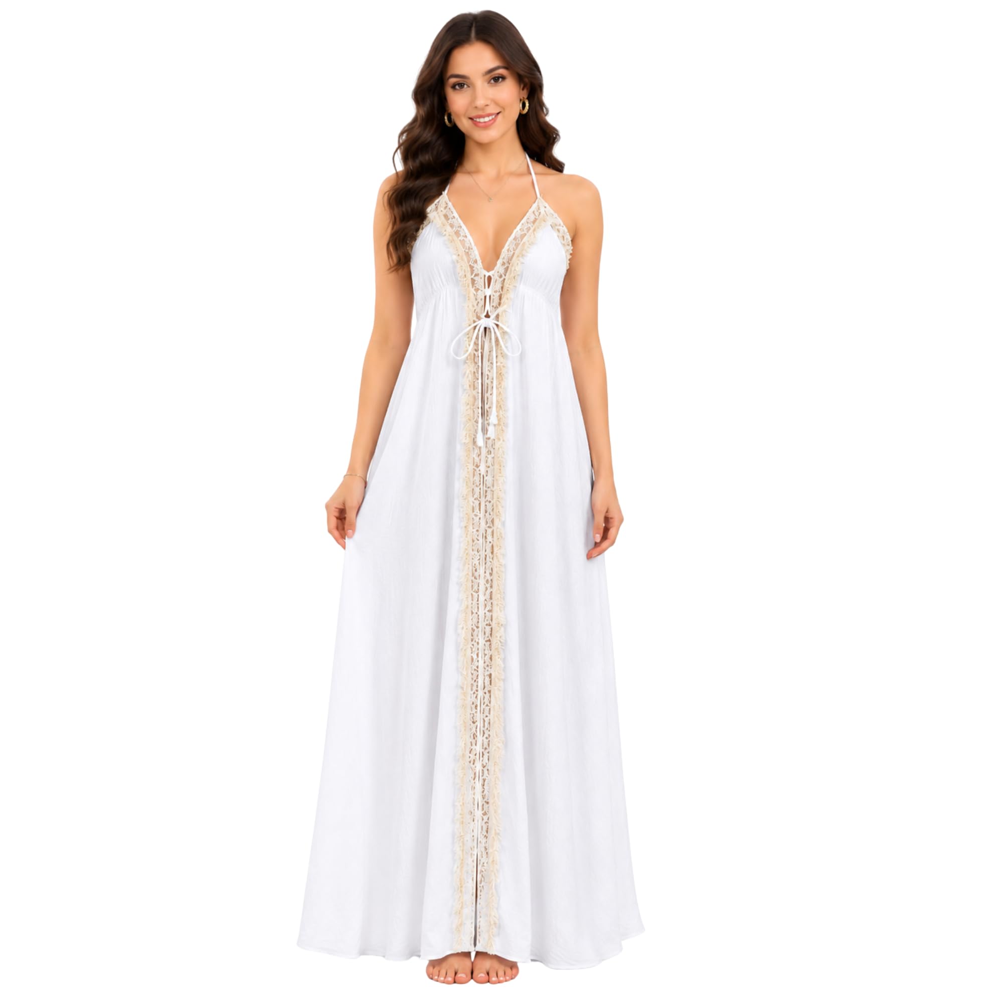 VESTORA'S Women's Cotton Gauze Halter Neck Maxi Dress | Sleeveless Lace Detail Long Flared Dress | Casual, Beach, Vacation & Resort Wear-picture-27