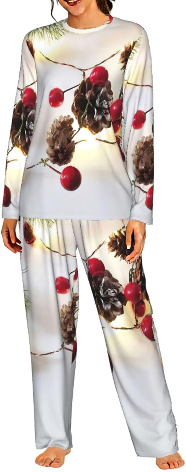 Christmas Garland With Lights Print Womens Long Sleeve Matching Pajama Set Pants Holiday For Gift Mom Sister Daughter