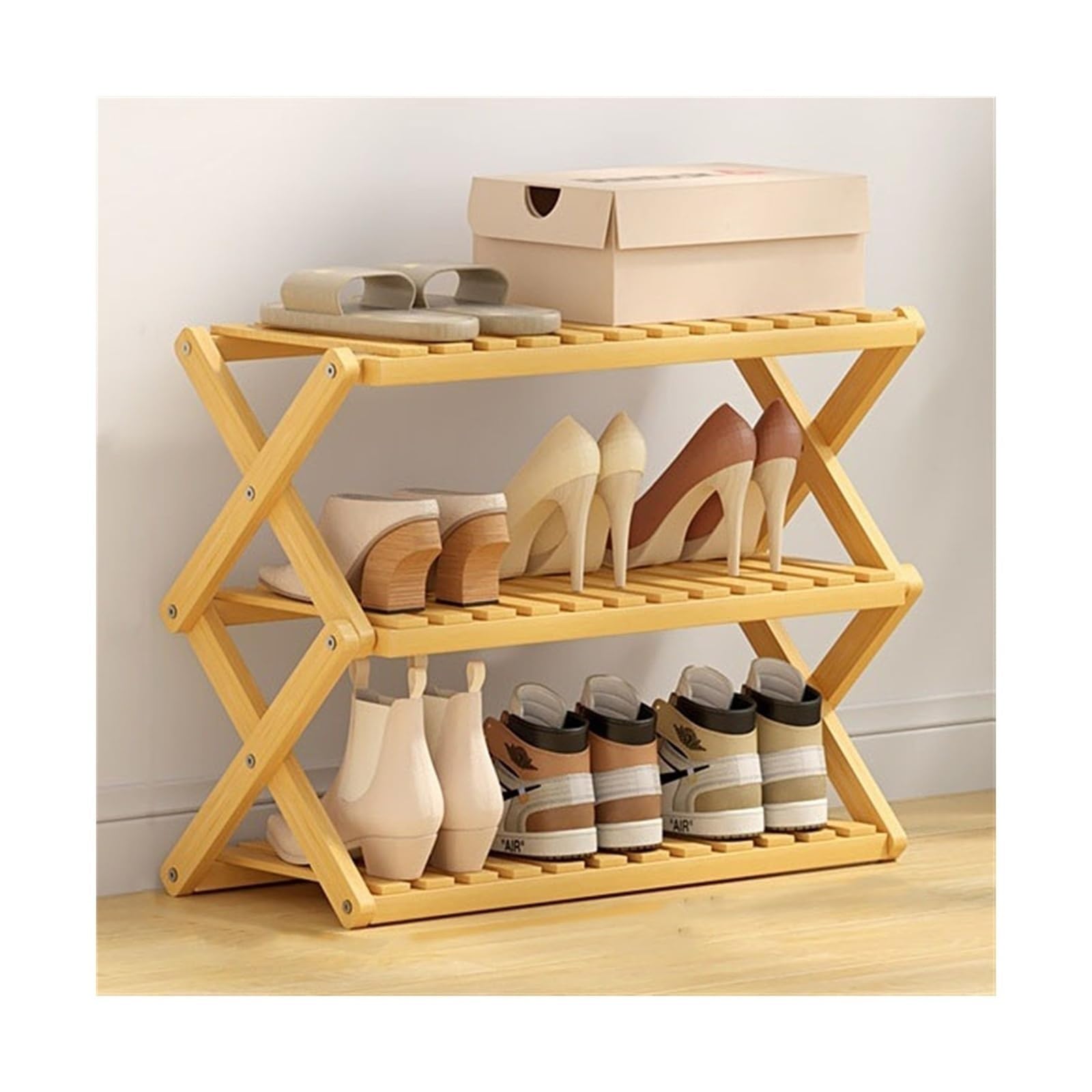 Portascarpe Scarpiera pieghevole, resistente organizer for scarpiera in bambù, ripiano for scarpe autoportante con struttura a X for armadio d'ingresso(3-Layers 70cm)