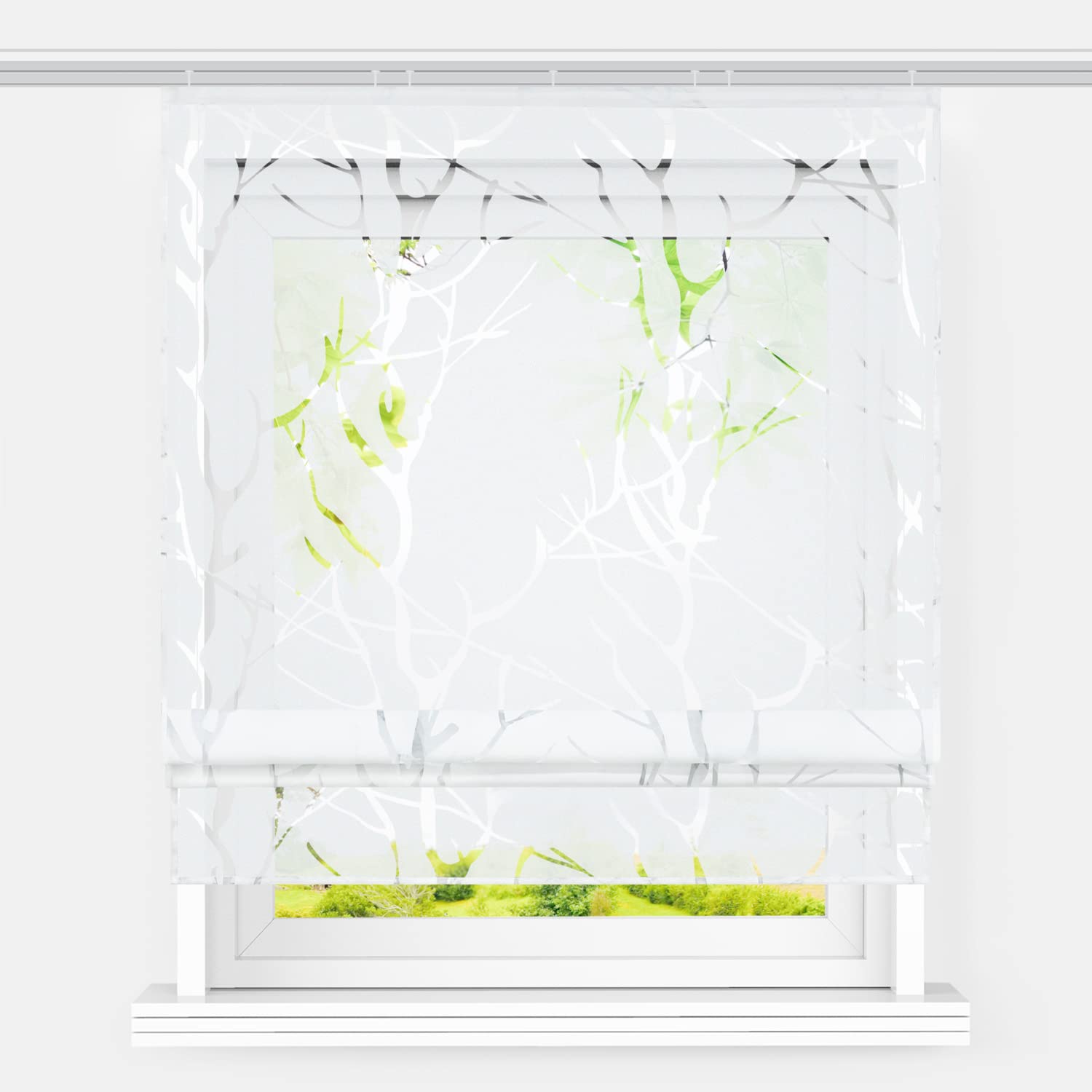 Heichkell Raffrollo mit Klettband Voile Raffgardine Ausbrenner Design Fenster Vorhang Transparent Rollos ohne Bohren Luftiger Gardinenschal Zweige Ausbrenner Weiß BxH 120x140cm