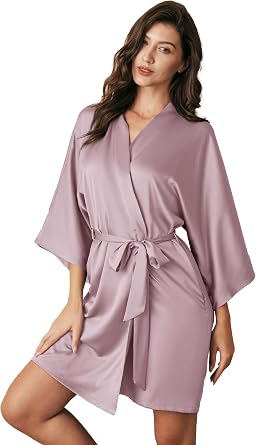 AW BRIDAL Silk Robes for Women, Short Bridesmaid Robes for Bridal Wedding Party, Bride Satin Bathrobe with Long Sleeve