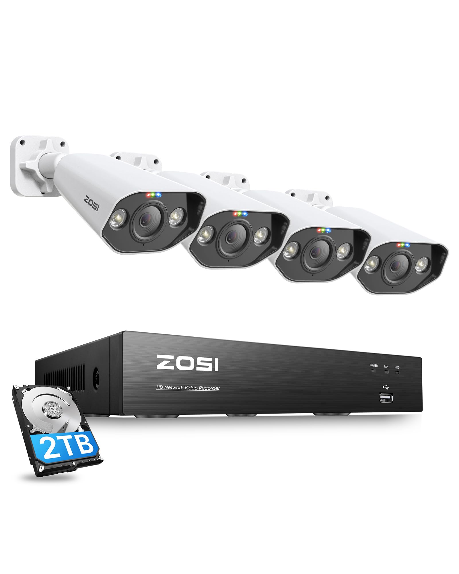 ZOSI 5MP Kit Videosorveglianza PoE Esterno, 8CH 4K NVR con 2TB HDD, 4x 5MP Telecamera PoE, AI Rilevamento di Persone e Veicoli, Audio Bidirezionale, Visione Notturna a Colori, C182
