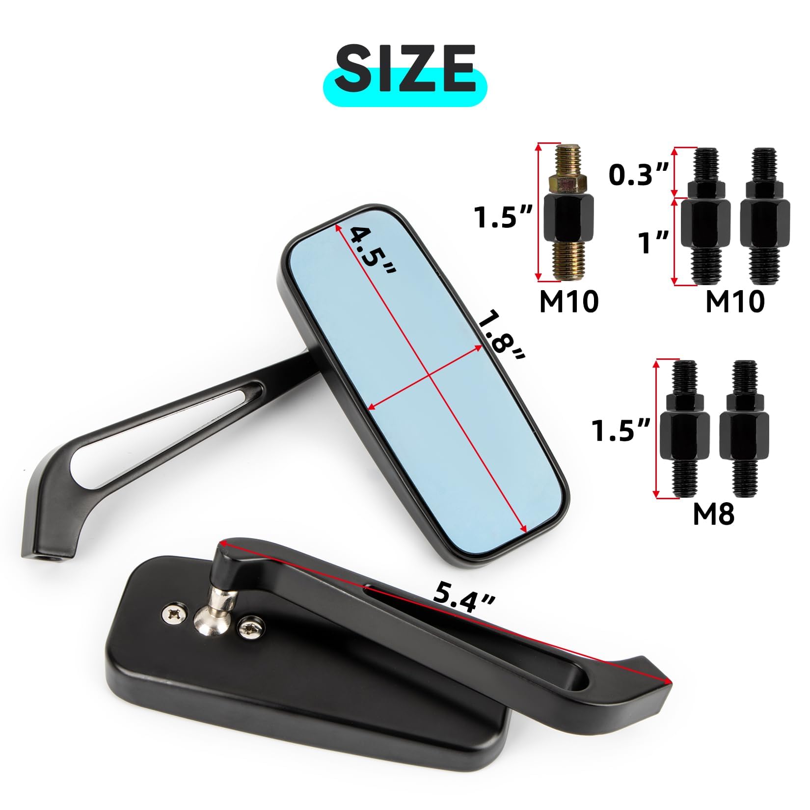 PSLER Specchietti Retrovisori Laterali Rettangolari per Moto - 8mm/10mm Adatti per Road Glide Street Glide Sportster 48 883 120 Chopper Softail Bobber Cruiser (Nero)