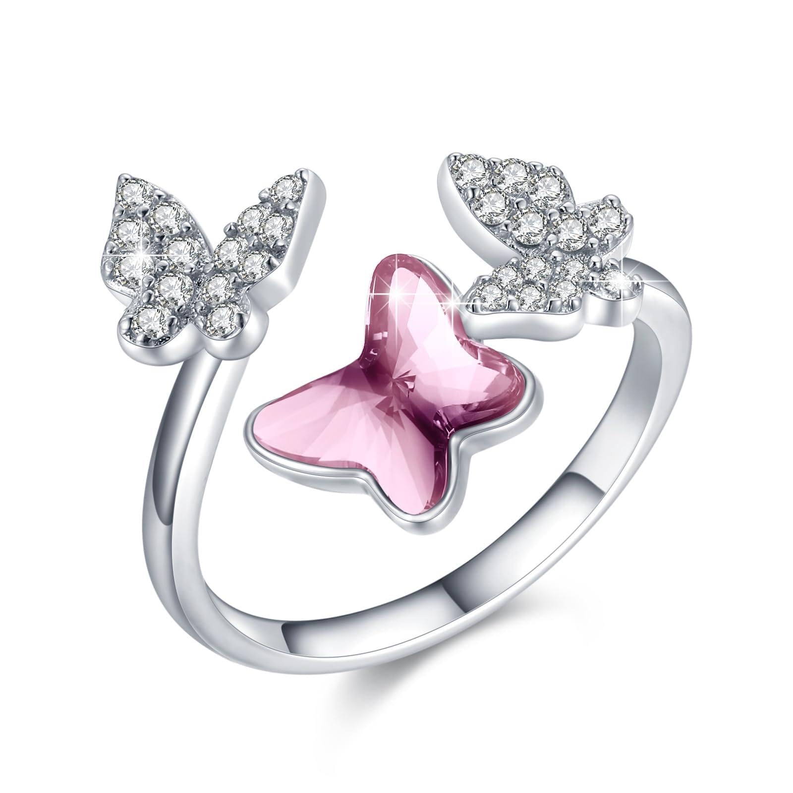REDSUN Schmetterling Ringe für Frauen Mädchen 925 Sterling Silber Verstellbarer offener Ring mit Opal/Kristall/Mondstein/Smaragd Ring Schmetterling Schmuck Geschenke