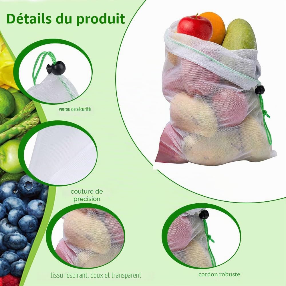 Sac de Cordon en Maille 35 x 30 cm Lavable Anti-Moisissure Nylon Réutilisable Portable pour Shopping Stockage Fruits Légumes