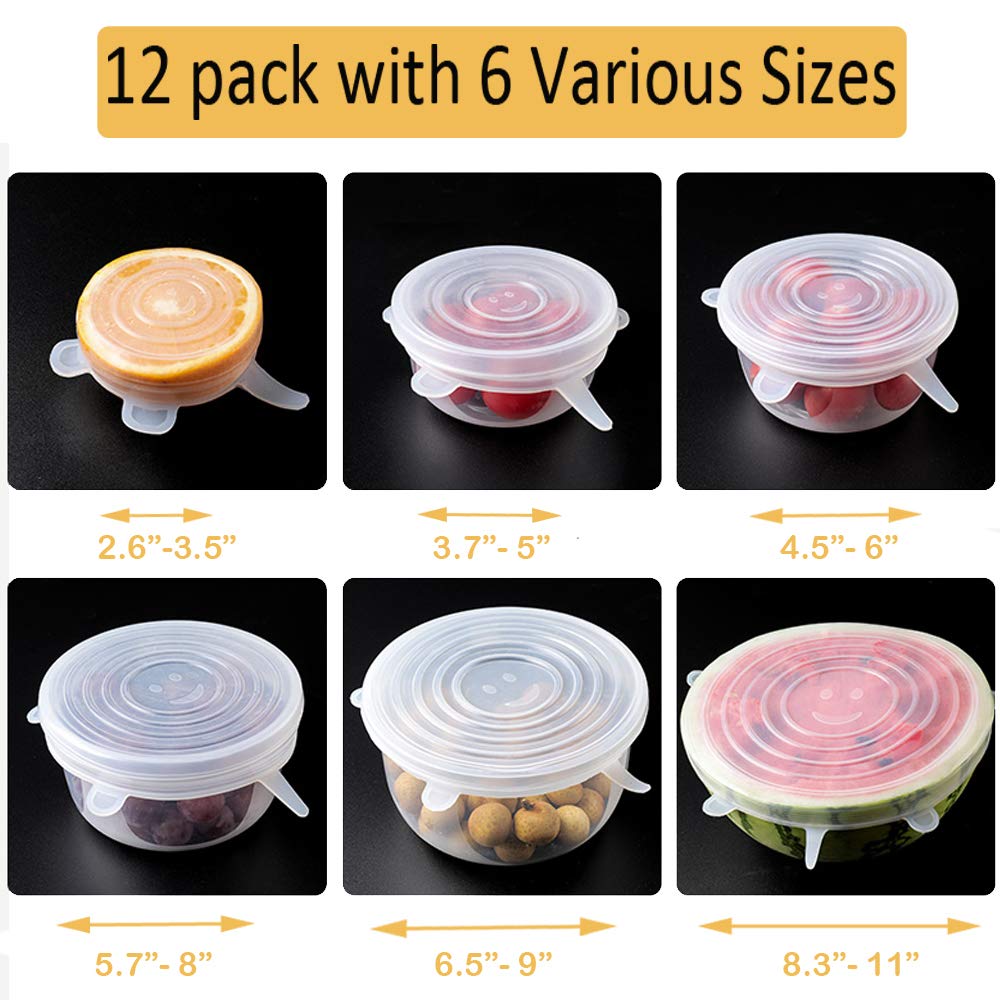 Silicone Stretch Lids 12-Pack Reusable Expandable Durable Silicone Lid Clear Airtight Food Saver Storage Covers fit Various Sizes Containers, Keeping Food Fresh, Microwave, Dishwasher Safe